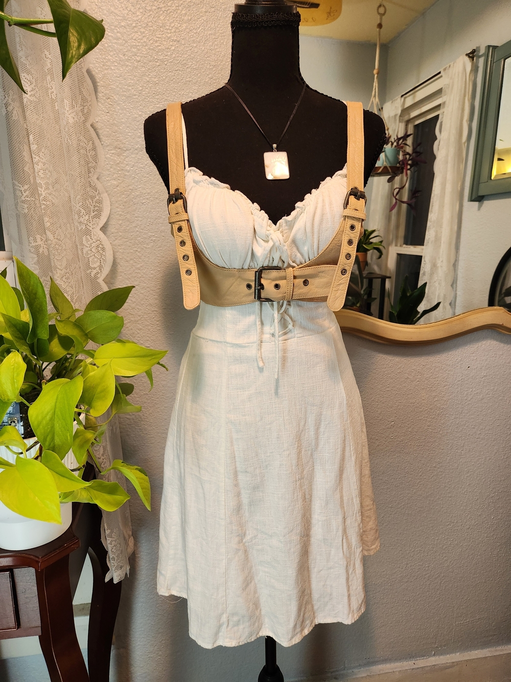 Free People Cream Faux Leather Strap with Pale Pink Fabric Accent